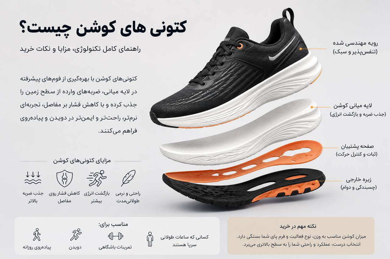راهنمای کامل تکنولوژی کتونی های کوشن و اجزای لایه میانی